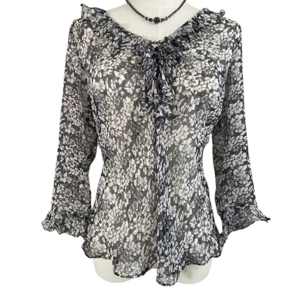 Jane Seymour Sheer Silk Ruffle V-Neck Blouse Chiffon Top Size 10 Medium